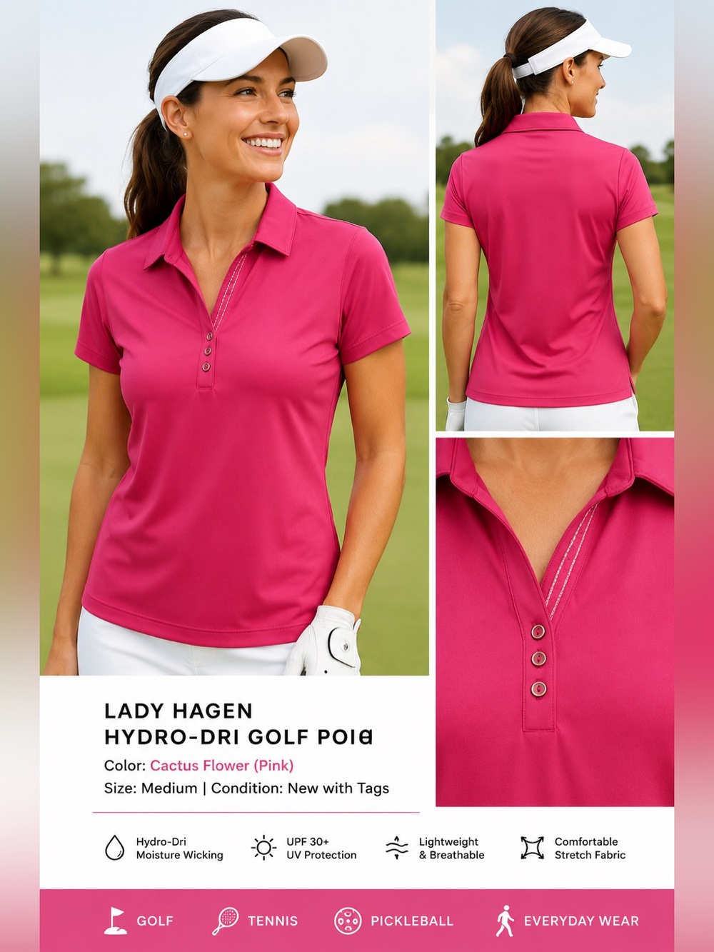 NWT $50 Lady Hagen Hydro-Dri Golf Polo Shirt M Pink UPF 30+ Moisture Wicking
